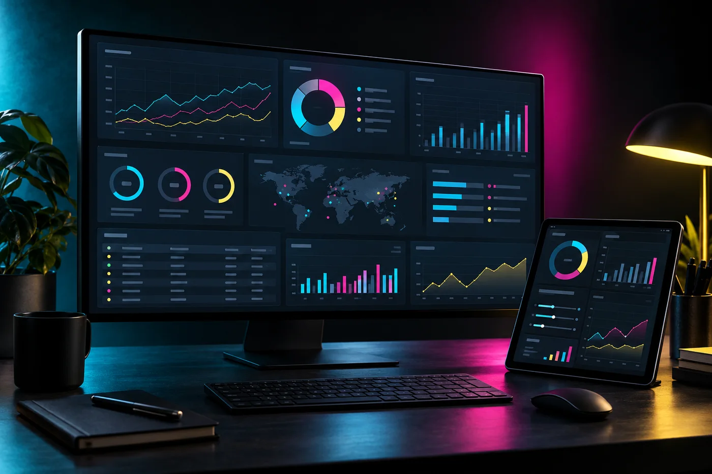 Herramienta digital profesional mostrada en monitor y tableta